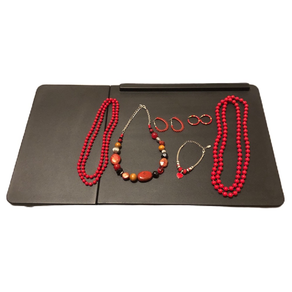 Red Beaded Necklace, Bracelet and Earring Set - Women Jewelry